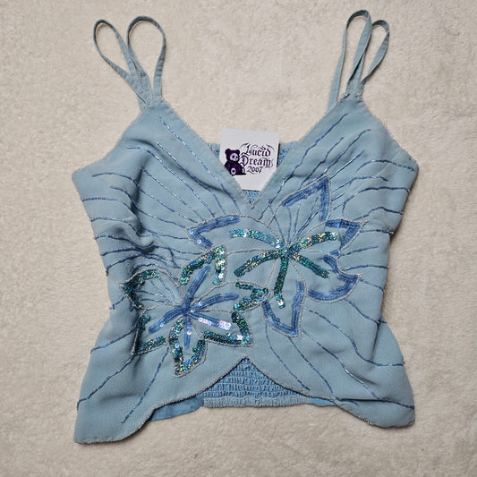 Haut court bleu en voile brodé