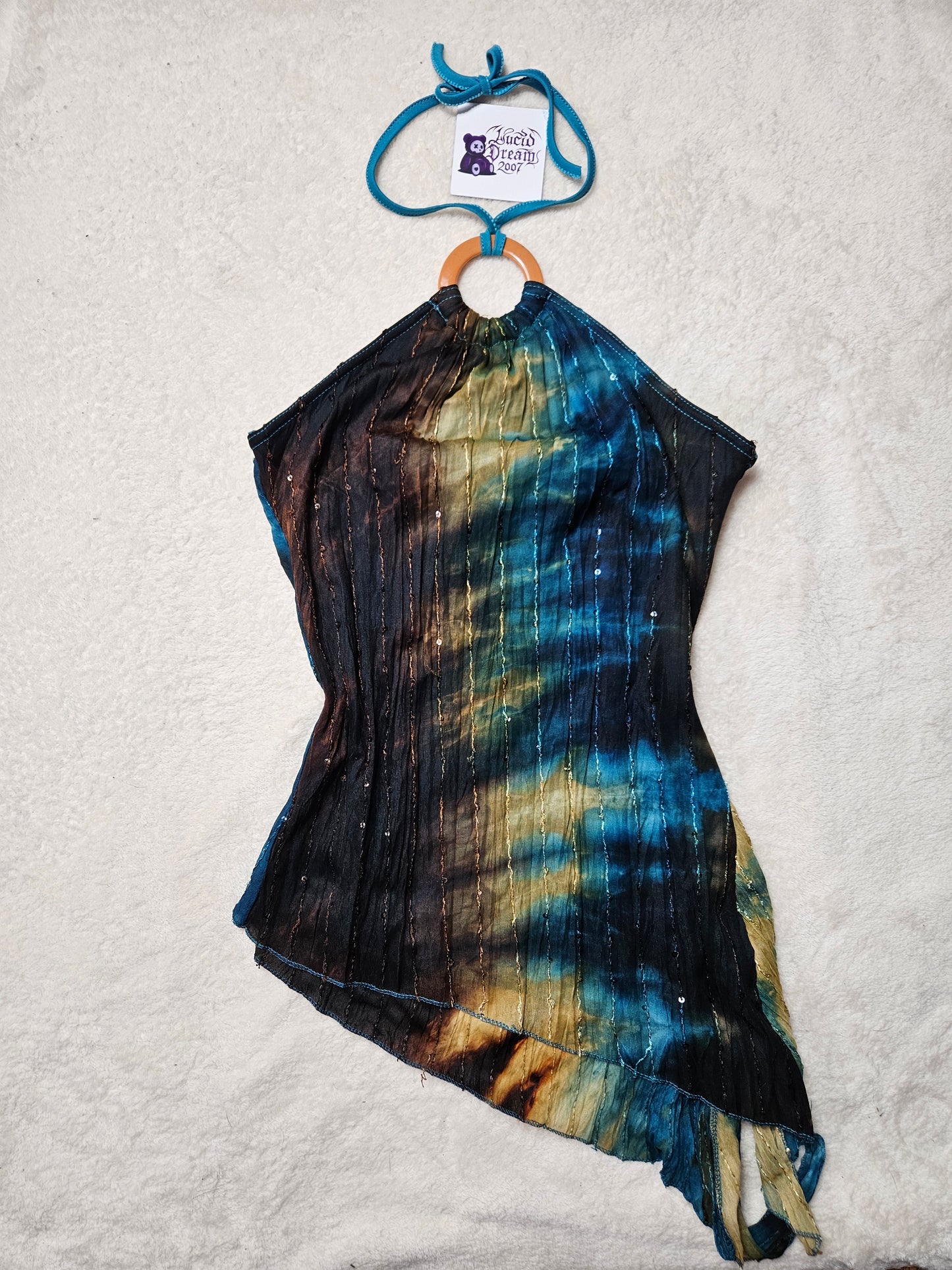 Asymmetric tie-dye top in blue and brown