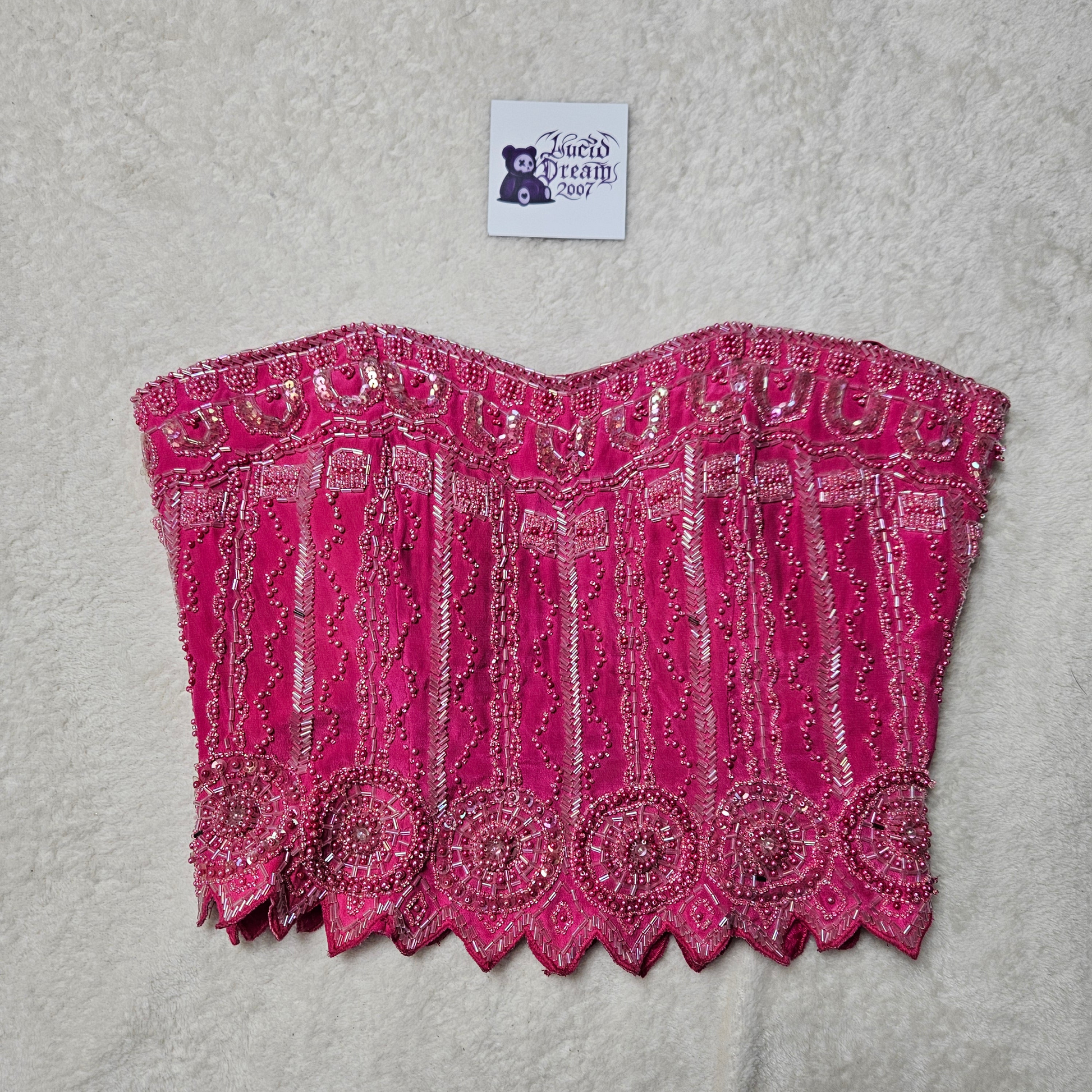 Vintage hot pink silk beaded corset top with intricate embroidery and sequins, glamorous Y2K fairycore statement piece by Lucid Dream 2007.
