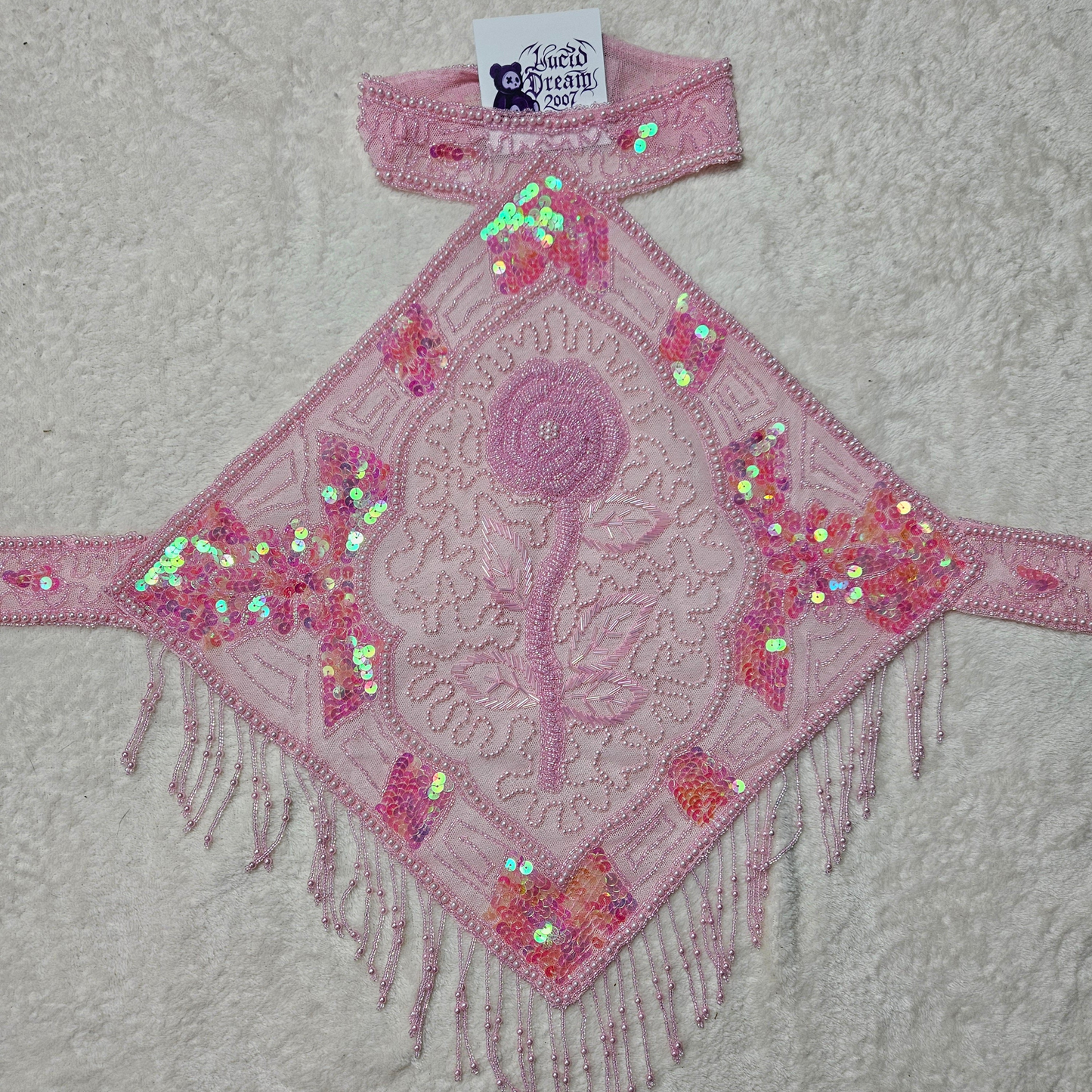 Vintage pink beaded halter top with floral embroidery, iridescent sequins and pearl fringe, dreamy fairycore Y2K statement piece by Lucid Dream 2007.