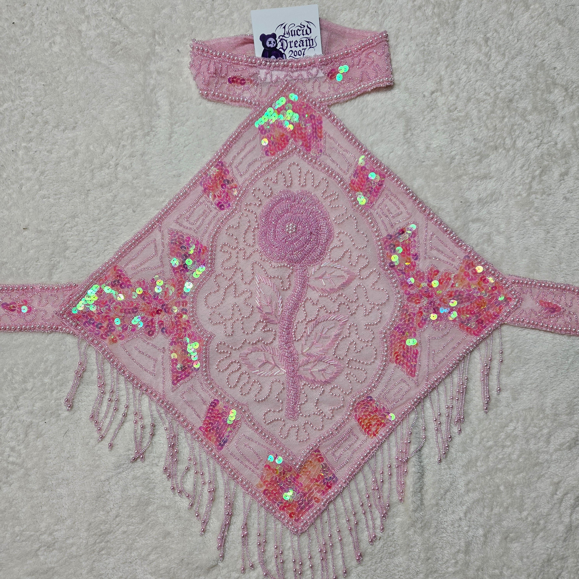 Vintage pink beaded halter top with floral embroidery, iridescent sequins and pearl fringe, dreamy fairycore Y2K statement piece by Lucid Dream 2007.