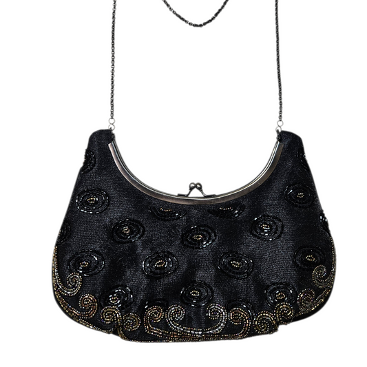 Vintage black beaded evening bag with ornate embroidery and chain strap, elegant Y2K fairycore statement purse, dark romantic aesthetic by Lucid Dream 2007.
