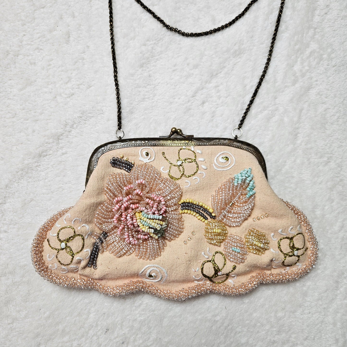 Vintage beige beaded floral evening bag with delicate embroidery, romantic fairycore Y2K statement purse, soft dreamy garden aesthetic by Lucid Dream 2007.