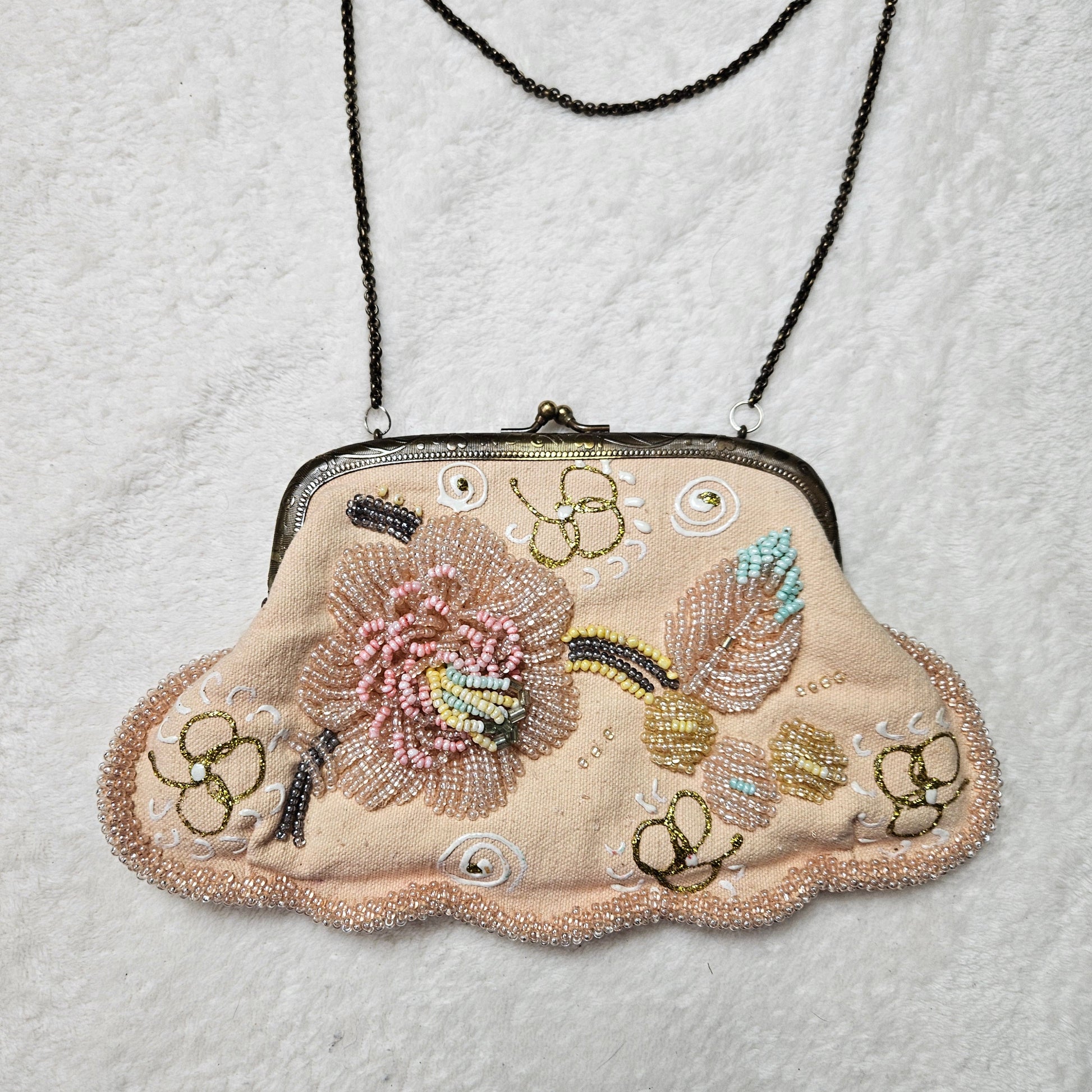 Vintage beige beaded floral evening bag with delicate embroidery, romantic fairycore Y2K statement purse, soft dreamy garden aesthetic by Lucid Dream 2007.