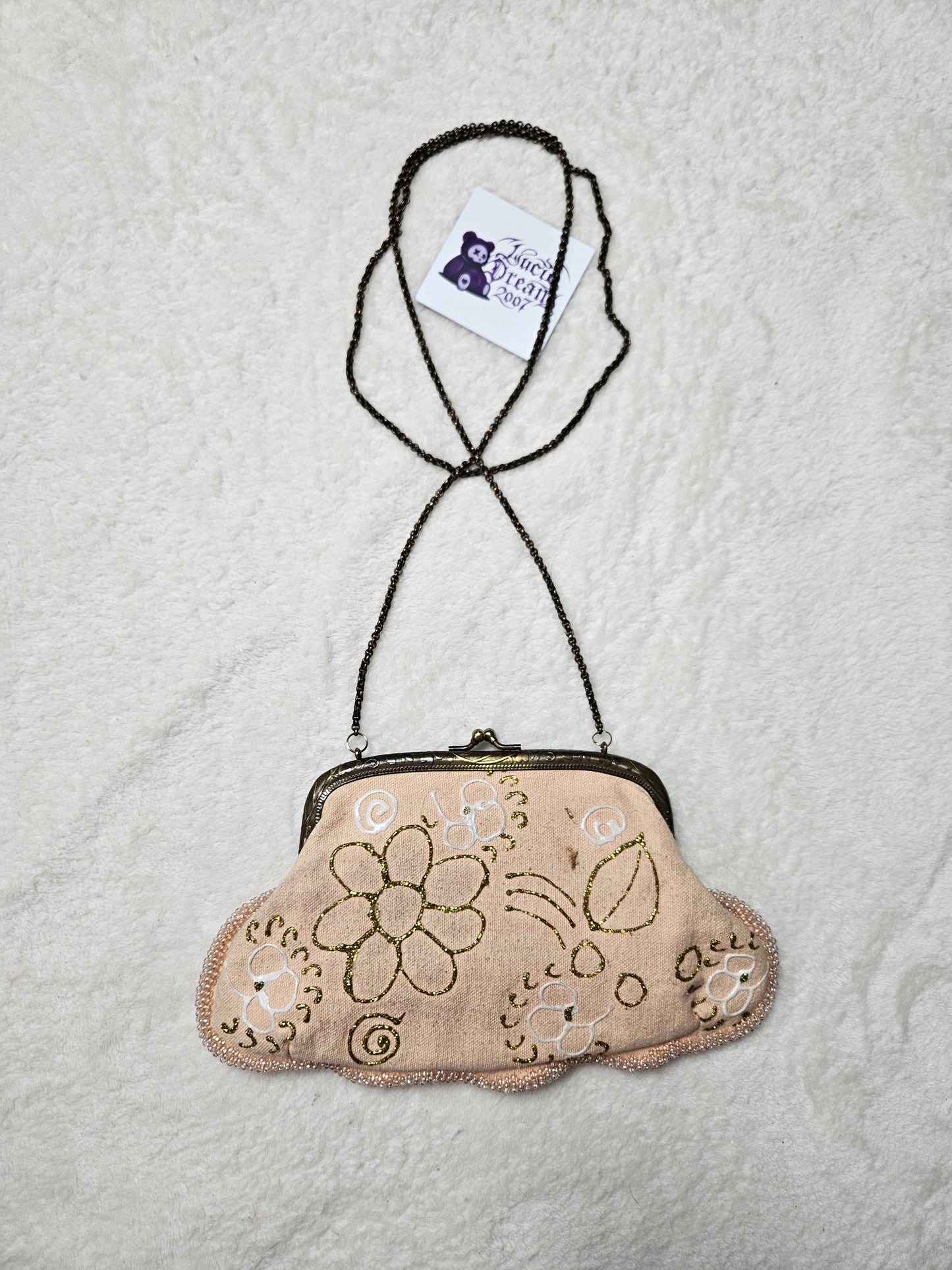 Cartera de mano de lona bordada con perlas y lentejuelas