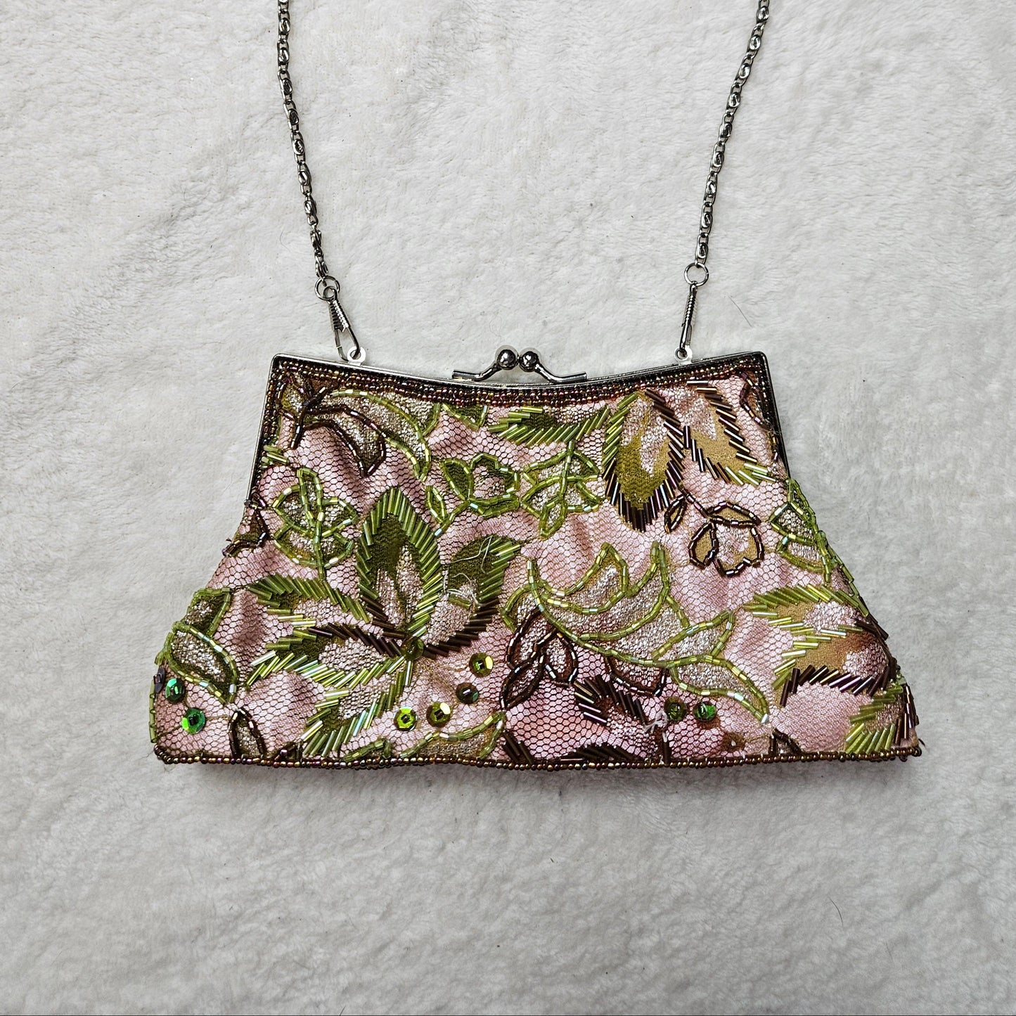 Vintage pink beaded floral evening bag with botanical embroidery, romantic fairycore Y2K statement purse, dreamy garden aesthetic by Lucid Dream 2007.