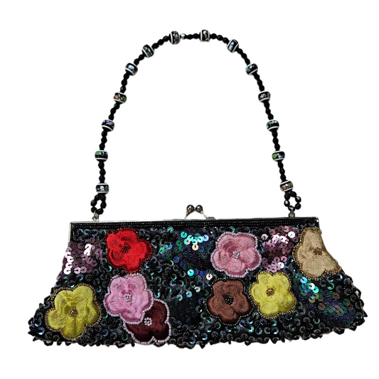 Black satchel embroidered with beads and sequins