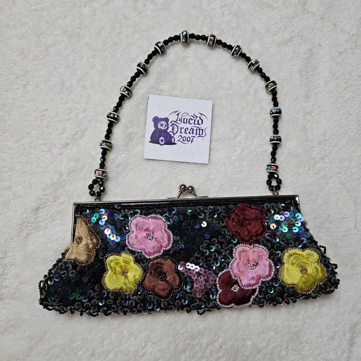 Vintage black sequin floral evening bag with beaded handle, whimsical fairycore Y2K statement purse, romantic garden party aesthetic by Lucid Dream 2007.