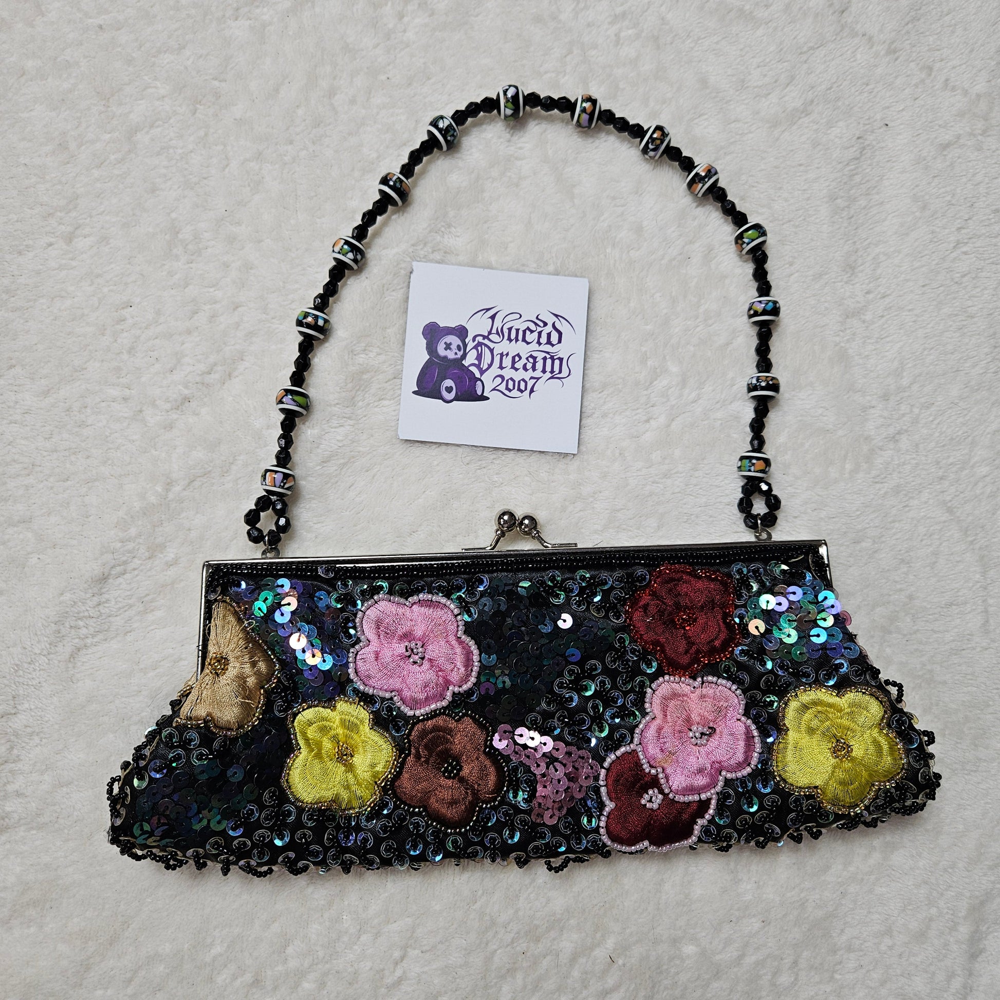 Vintage black sequin floral evening bag with beaded handle, whimsical fairycore Y2K statement purse, romantic garden party aesthetic by Lucid Dream 2007.
