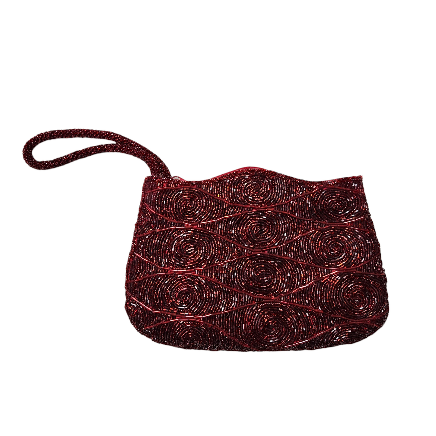 Vintage red beaded evening clutch with spiral embellishments and wrist strap, bold y2k party bag with glamorous fairycore and retro prom vibes.