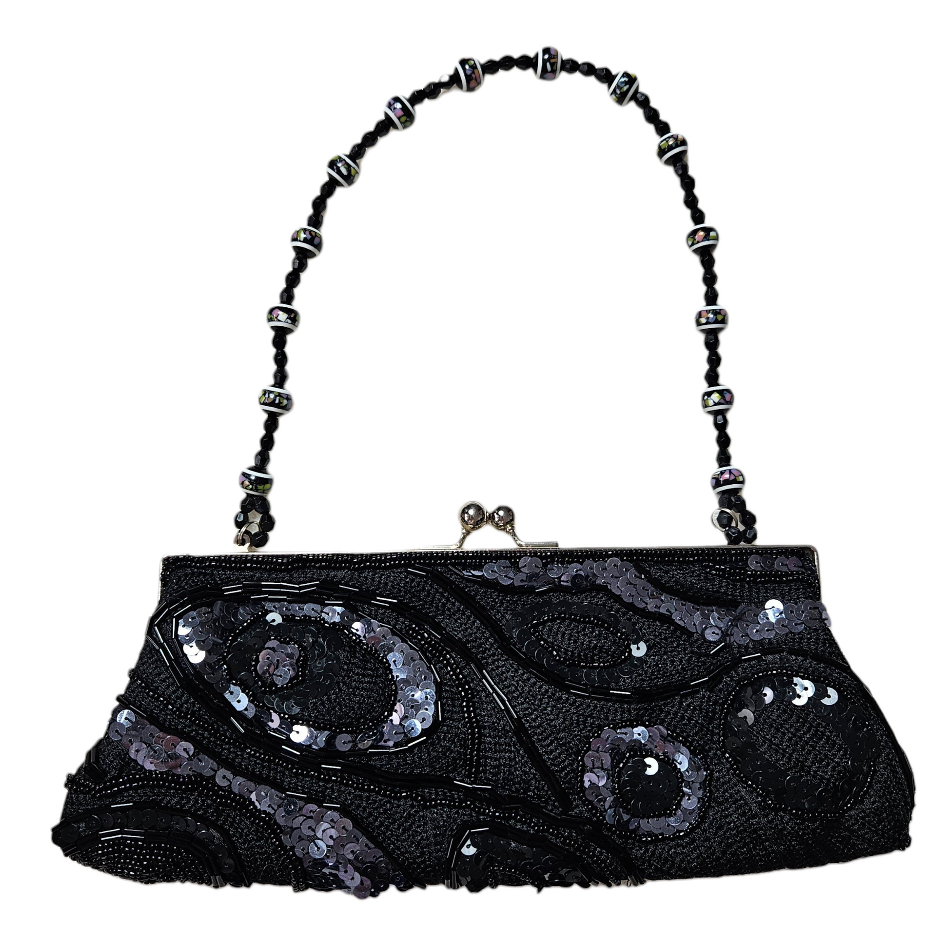 Vintage black sequin evening bag with abstract beaded pattern and beaded handle, Y2K glam fairycore statement purse by Lucid Dream 2007.