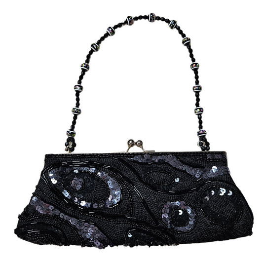 Vintage black sequin evening bag with abstract beaded pattern and beaded handle, Y2K glam fairycore statement purse by Lucid Dream 2007.
