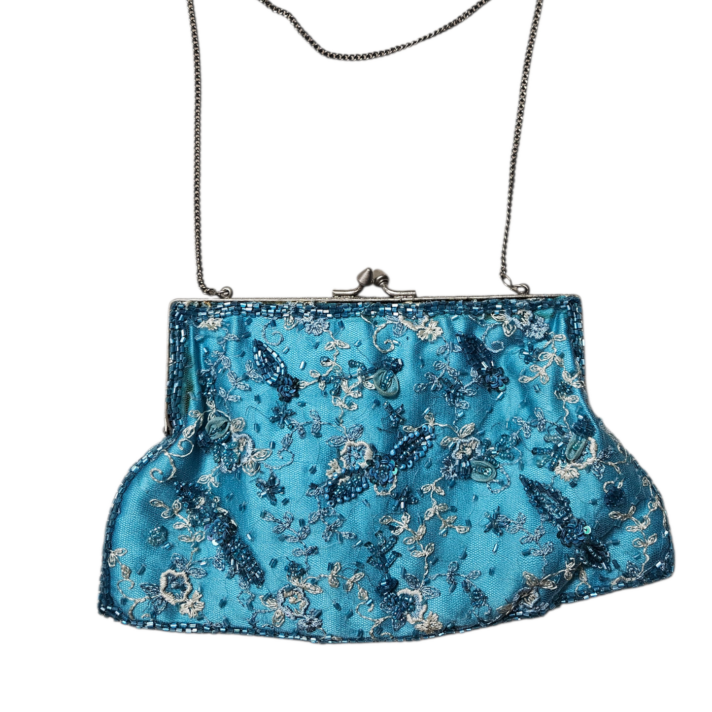Vintage turquoise beaded evening bag with floral embroidery and metal chain strap, dreamy fairycore and y2k prom accessory with romantic shimmer.