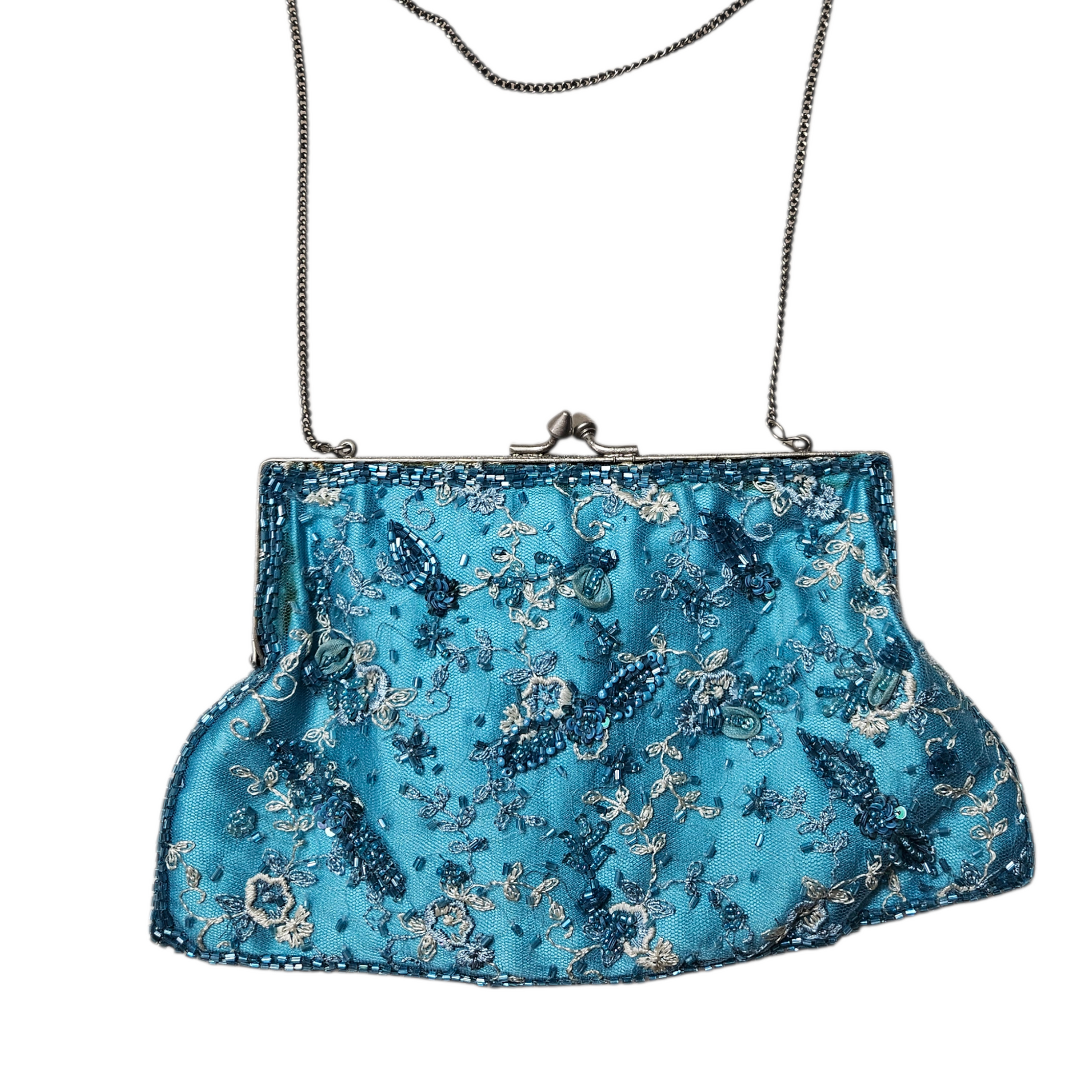 Vintage turquoise beaded evening bag with floral embroidery and metal chain strap, dreamy fairycore and y2k prom accessory with romantic shimmer.