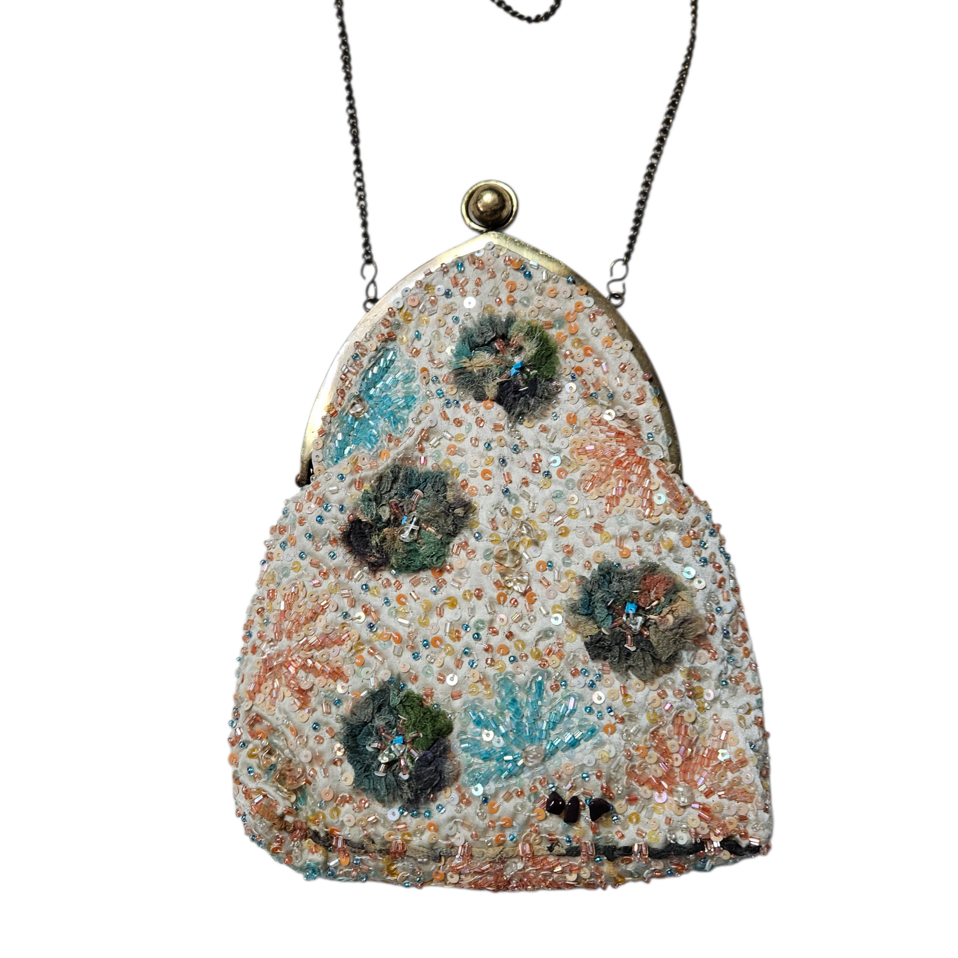 Vintage beaded floral evening bag with pastel embroidery and chain strap, romantic fairycore purse with dreamy y2k garden party vibes.