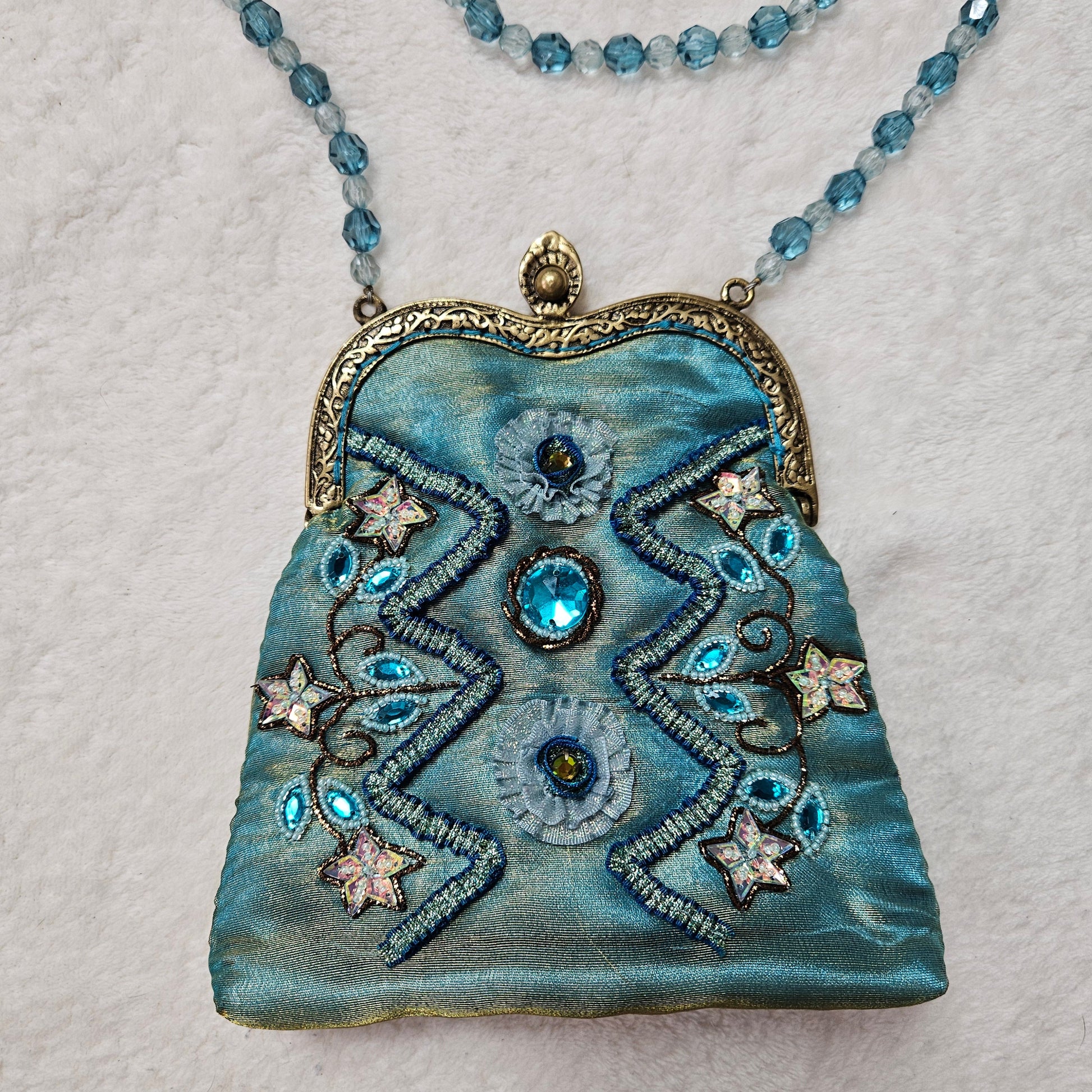 Vintage blue beaded evening bag with star details and crystal embellishments, dreamy Y2K fairycore statement purse by Lucid Dream 2007.
