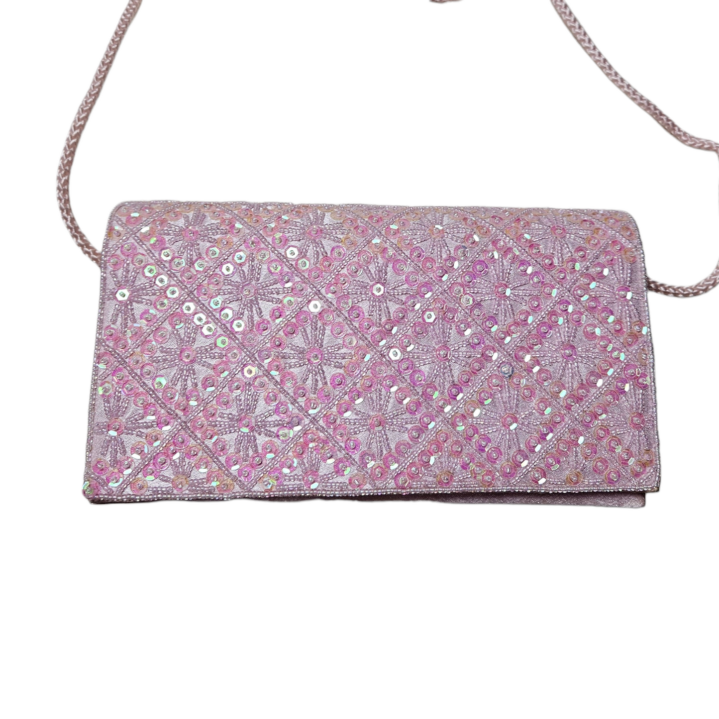 Vintage pink beaded evening clutch with sequins and delicate strap, dreamy y2k fairycore party bag with soft princess and reverie aesthetics.