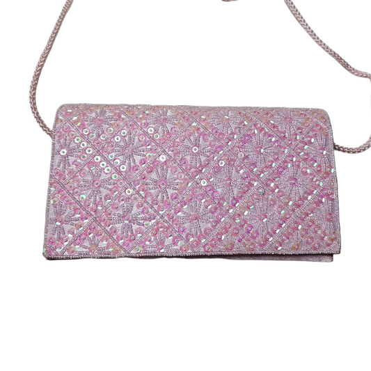 Vintage pink beaded evening clutch with sequins and delicate strap, dreamy y2k fairycore party bag with soft princess and reverie aesthetics.