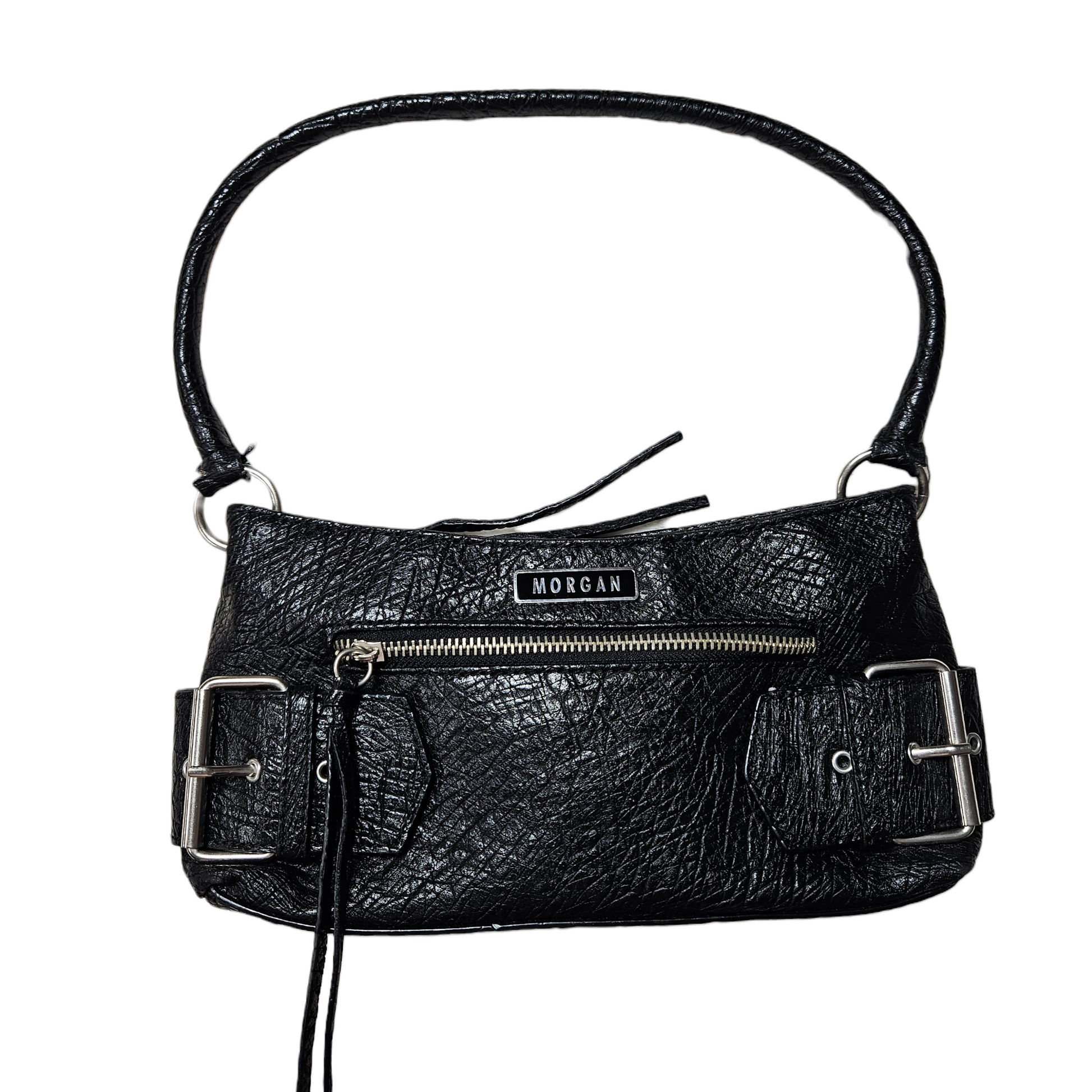 Vintage black Morgan baguette bag with grained leather look and silver buckles, iconic y2k shoulder bag with edgy minimalist aesthetic.