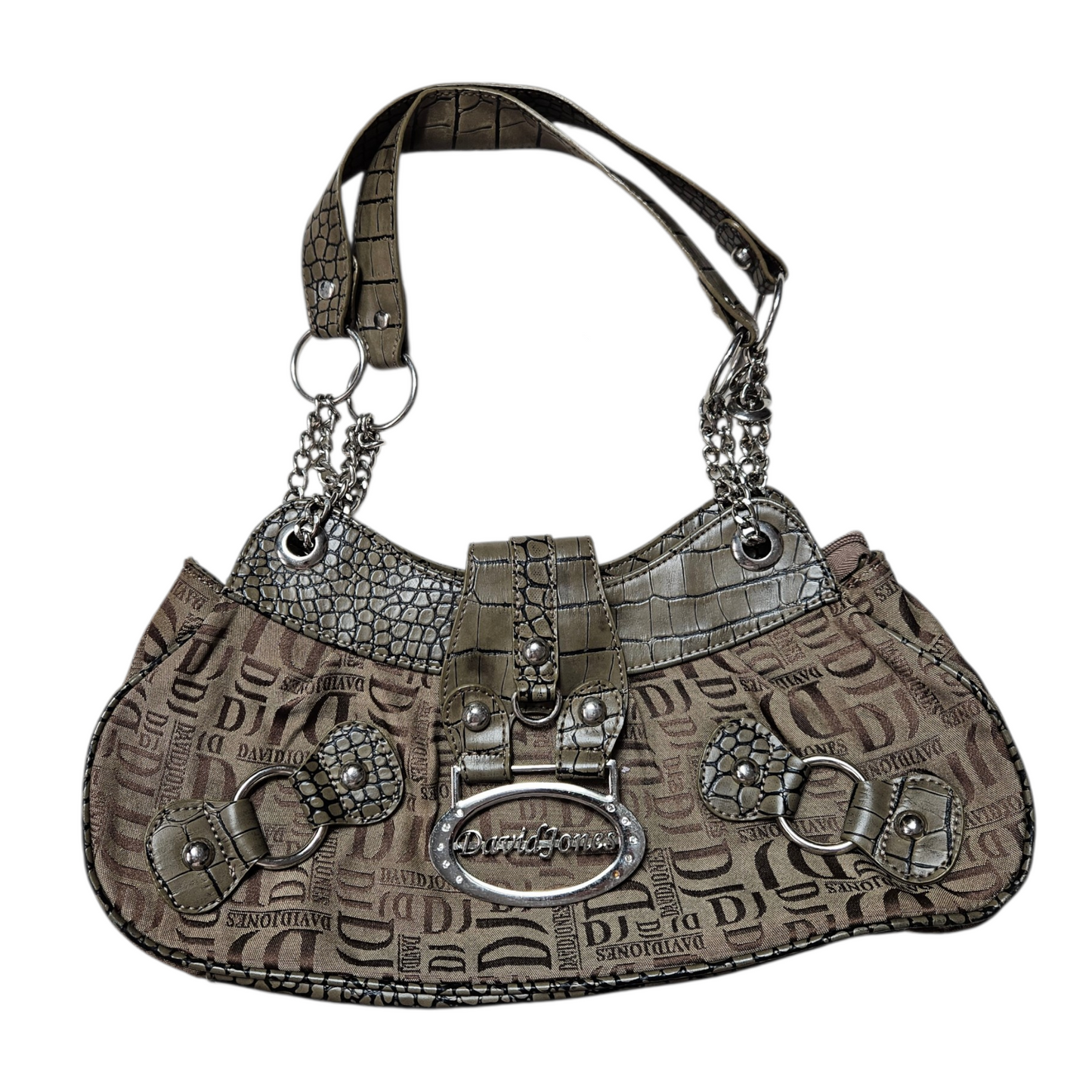 Vintage y2k monogram baguette bag with chain handle and reptile texture details, iconic early 2000s shoulder bag with bold retro energy.