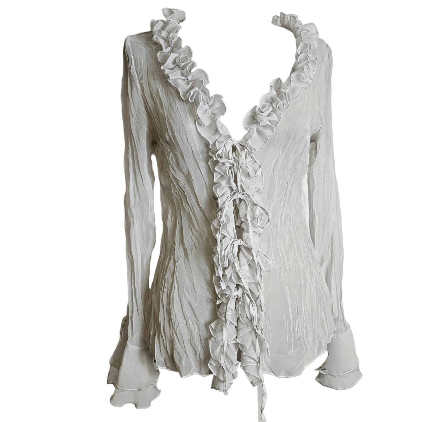 White romantic fairycore blouse with ruffle trim and tie front, ethereal Y2K reverie top with soft whimsical silhouette and vintage dreamy aesthetic.