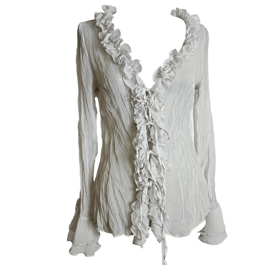 White romantic fairycore blouse with ruffle trim and tie front, ethereal Y2K reverie top with soft whimsical silhouette and vintage dreamy aesthetic.