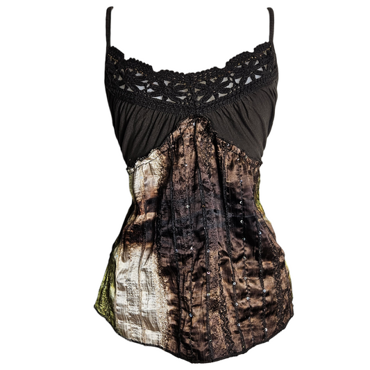 Vintage Morgan de Toi camisole with crochet neckline, bronze satin panels and rhinestone details, dreamy Y2K whimsigoth top by Lucid Dream 2007.
