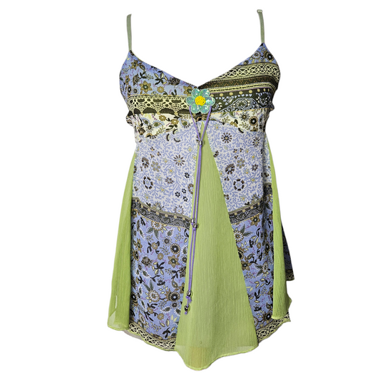 Vintage fairycore cami top with floral patchwork print and lime chiffon panels, dreamy y2k boho aesthetic statement piece by Lucid Dream 2007