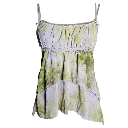 Vintage pastel layered fairycore cami top with soft green and lilac tones, dreamy y2k romantic flowy aesthetic by Lucid Dream 2007