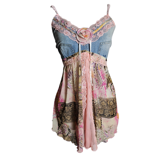 Vintage fairycore patchwork camisole with denim bustier and pink lace details, dreamy Y2K boho romantic statement top