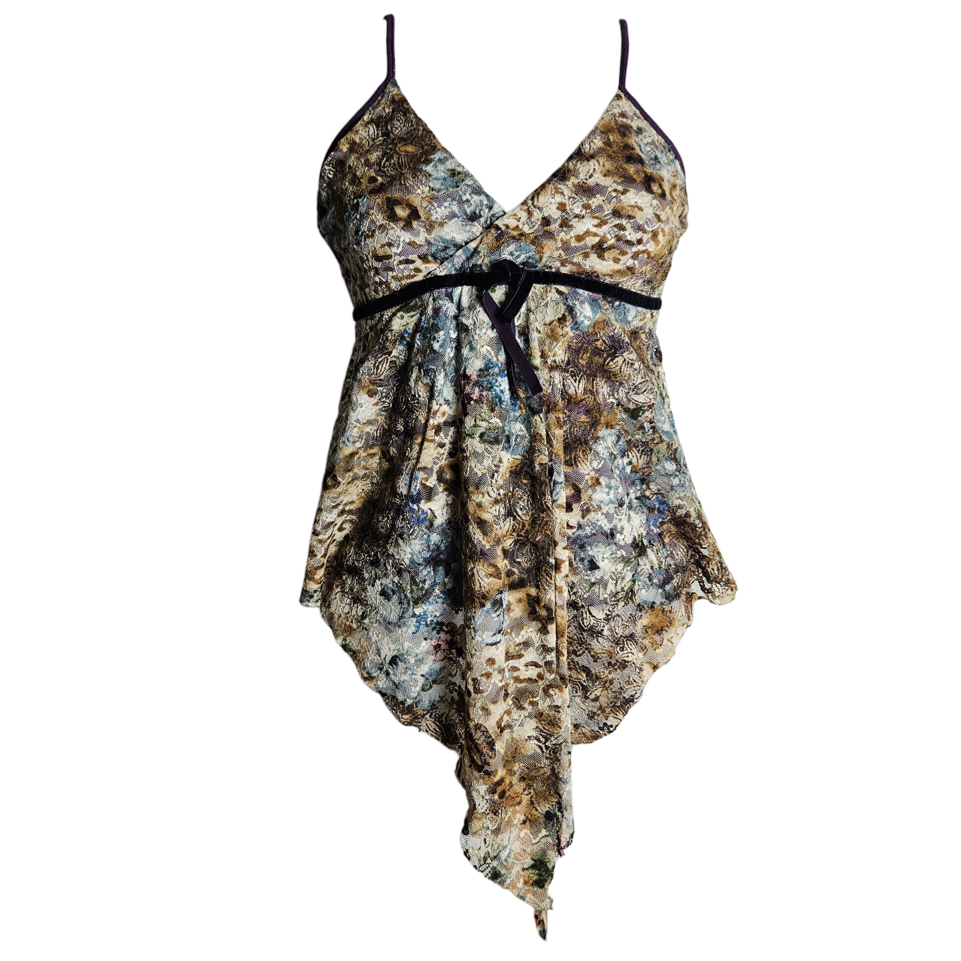 Vintage lace fairycore cami top with floral abstract print and velvet ribbon detail, dreamy y2k whimsigoth romantic aesthetic by Lucid Dream 2007