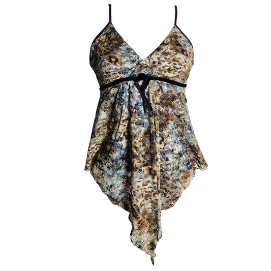 Vintage lace fairycore cami top with floral abstract print and velvet ribbon detail, dreamy y2k whimsigoth romantic aesthetic by Lucid Dream 2007