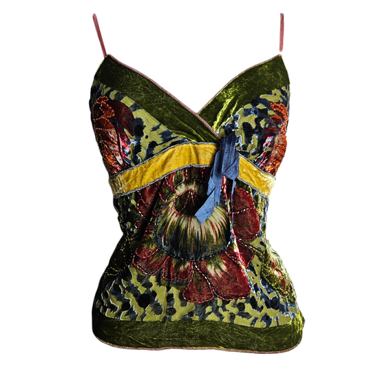 Vintage floral velvet patchwork cami top with embroidered details and rich colors, dreamy fairycore y2k bohemian aesthetic by Lucid Dream 2007
