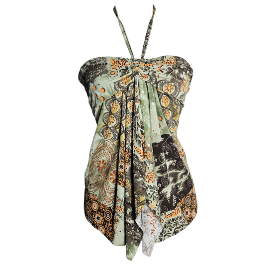 Vintage bohemian halter top with green and earthy abstract print, flowing fairycore y2k boho aesthetic statement piece by Lucid Dream 2007