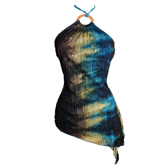 Vintage asymmetrical halter top with abstract blue green pattern and sheer fabric, dreamy fairycore y2k ocean aesthetic statement piece by Lucid Dream 2007