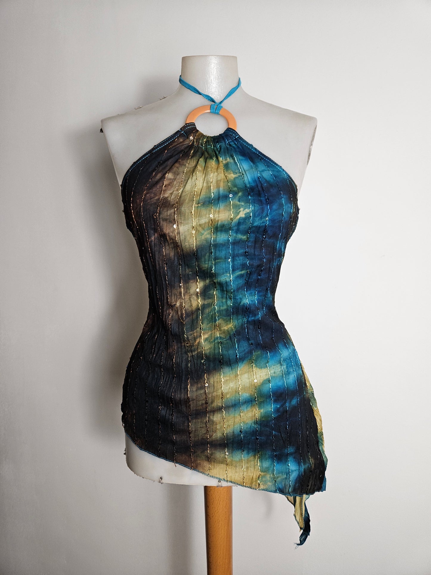 Asymmetric tie-dye top in blue and brown