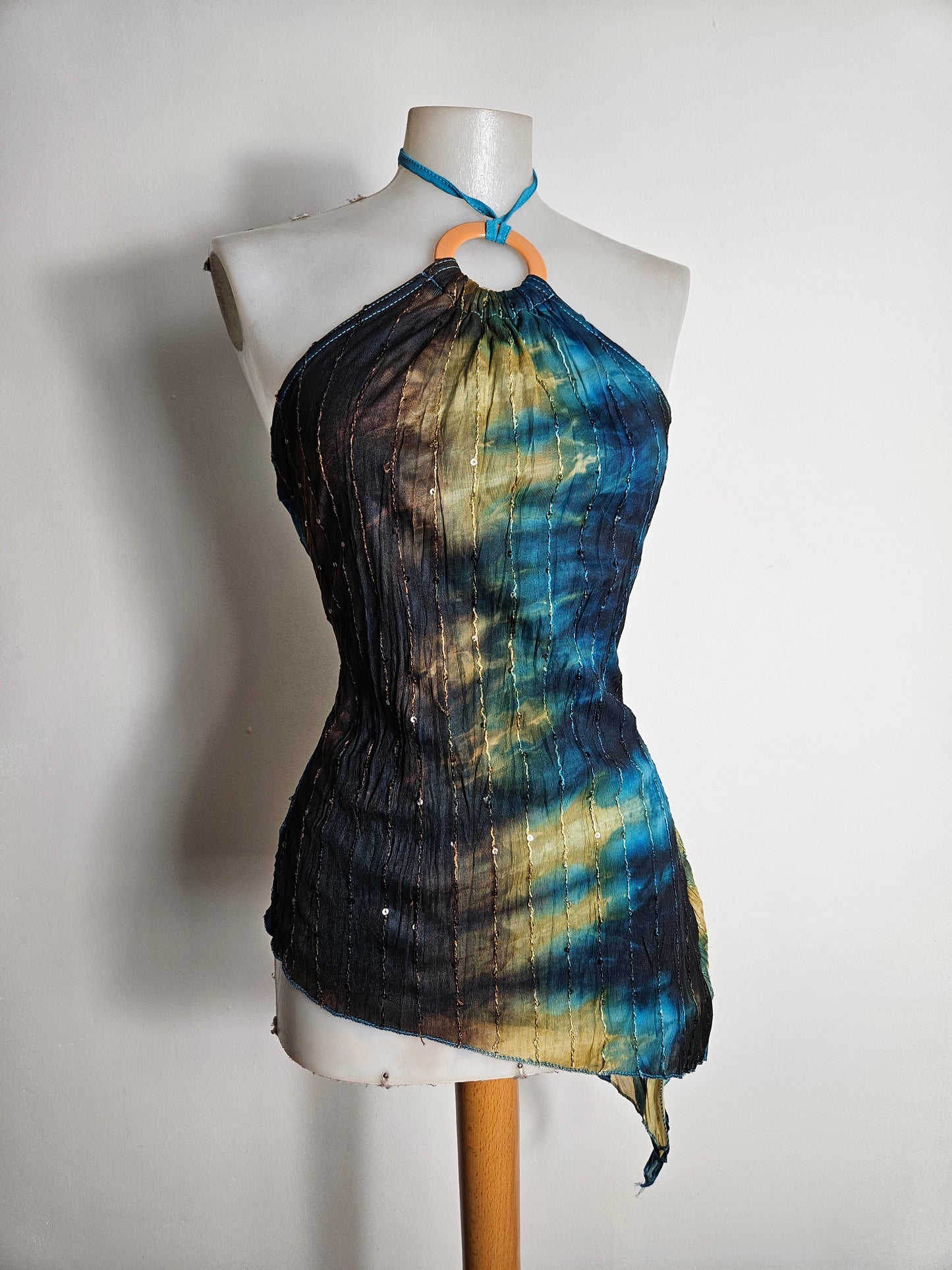 Asymmetric tie-dye top in blue and brown