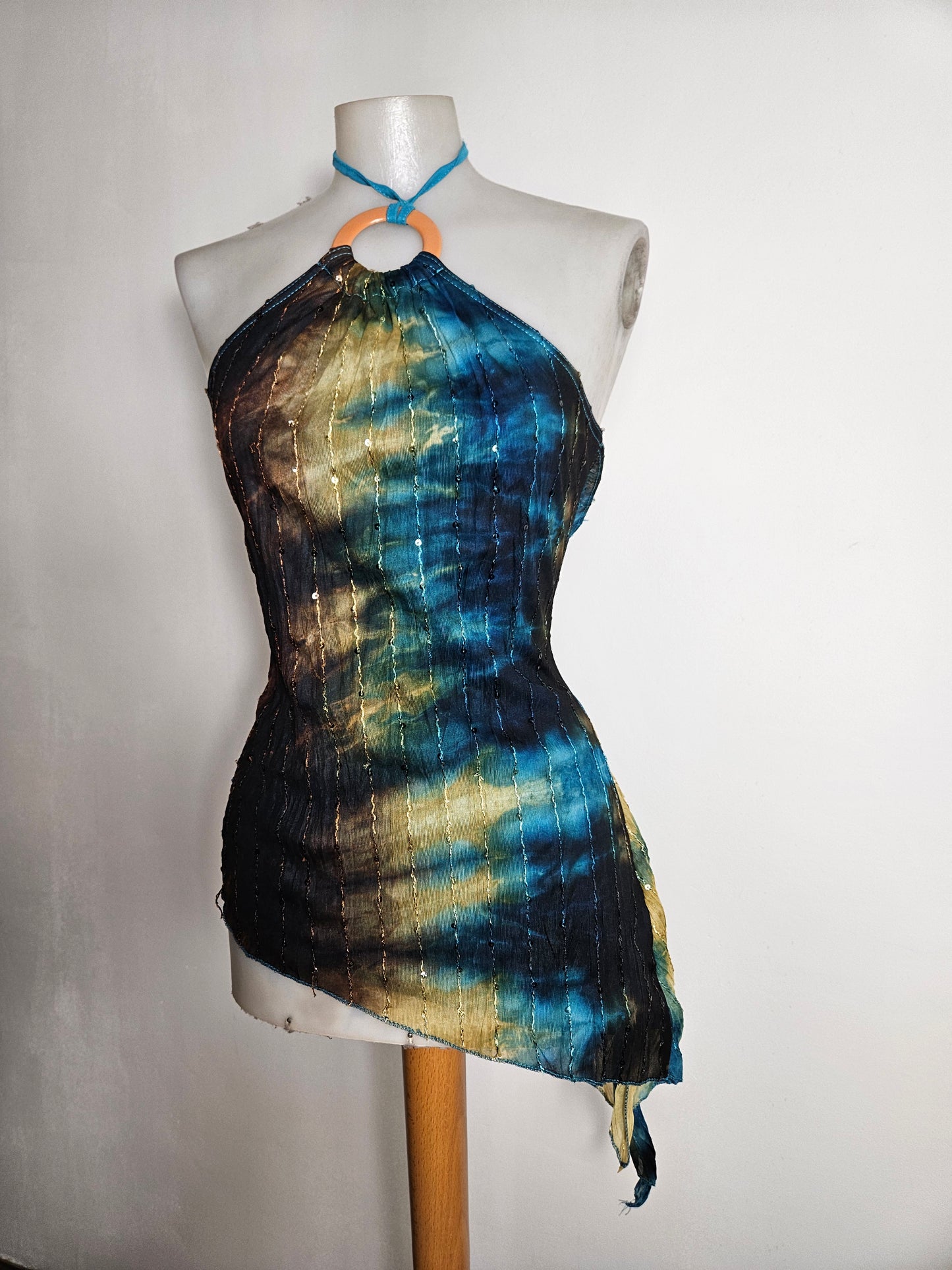Asymmetric tie-dye top in blue and brown