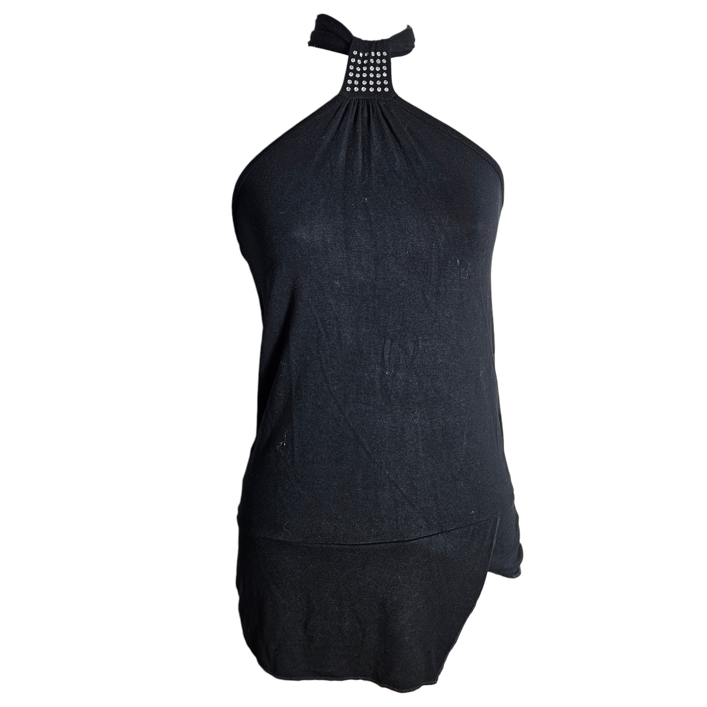 Vintage black halter top with rhinestone neckline and draped silhouette, elegant Y2K night out piece by Lucid Dream 2007.