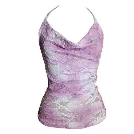 Vintage pink lace halter top with soft floral pattern, romantic fairycore y2k aesthetic dreamy sheer camisole by Lucid Dream 2007
