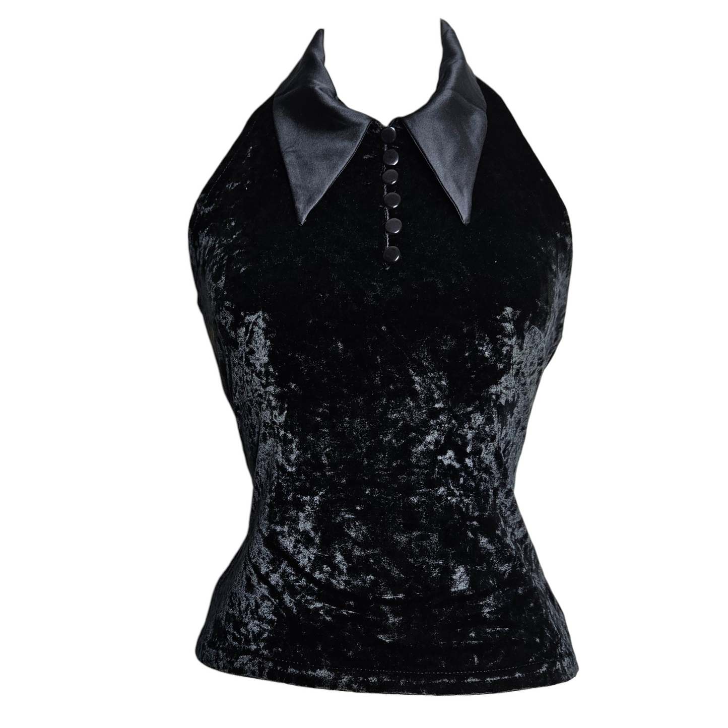 Vintage black velvet halter top with satin collar and open back, elegant Y2K evening piece with gothic vibe by Lucid Dream 2007.