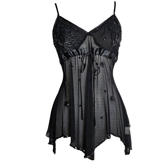 Vintage black sheer fairycore camisole with embroidered details and asymmetrical hem, dreamy whimsigoth y2k lingerie-inspired top by Lucid Dream 2007