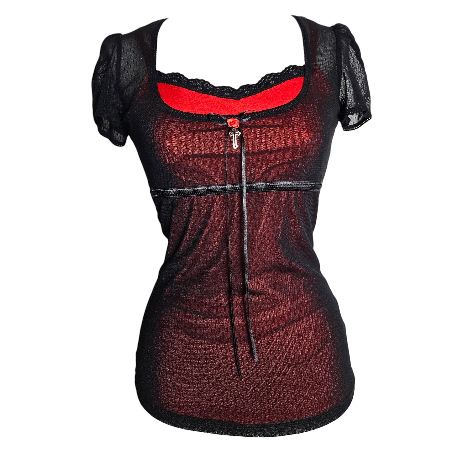 Vintage gothic y2k mesh top with red contrast bust, lace neckline and cross charm detail, sheer whimsigoth fairycore aesthetic by Lucid Dream 2007