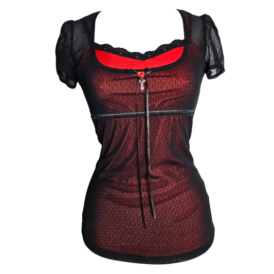 Vintage gothic y2k mesh top with red contrast bust, lace neckline and cross charm detail, sheer whimsigoth fairycore aesthetic by Lucid Dream 2007