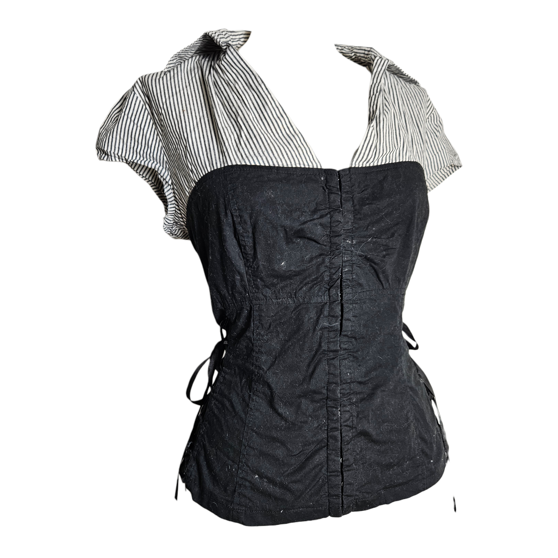 Vintage black corset top with striped collar and lace-up sides, edgy Y2K gothic fashion piece by Lucid Dream 2007.