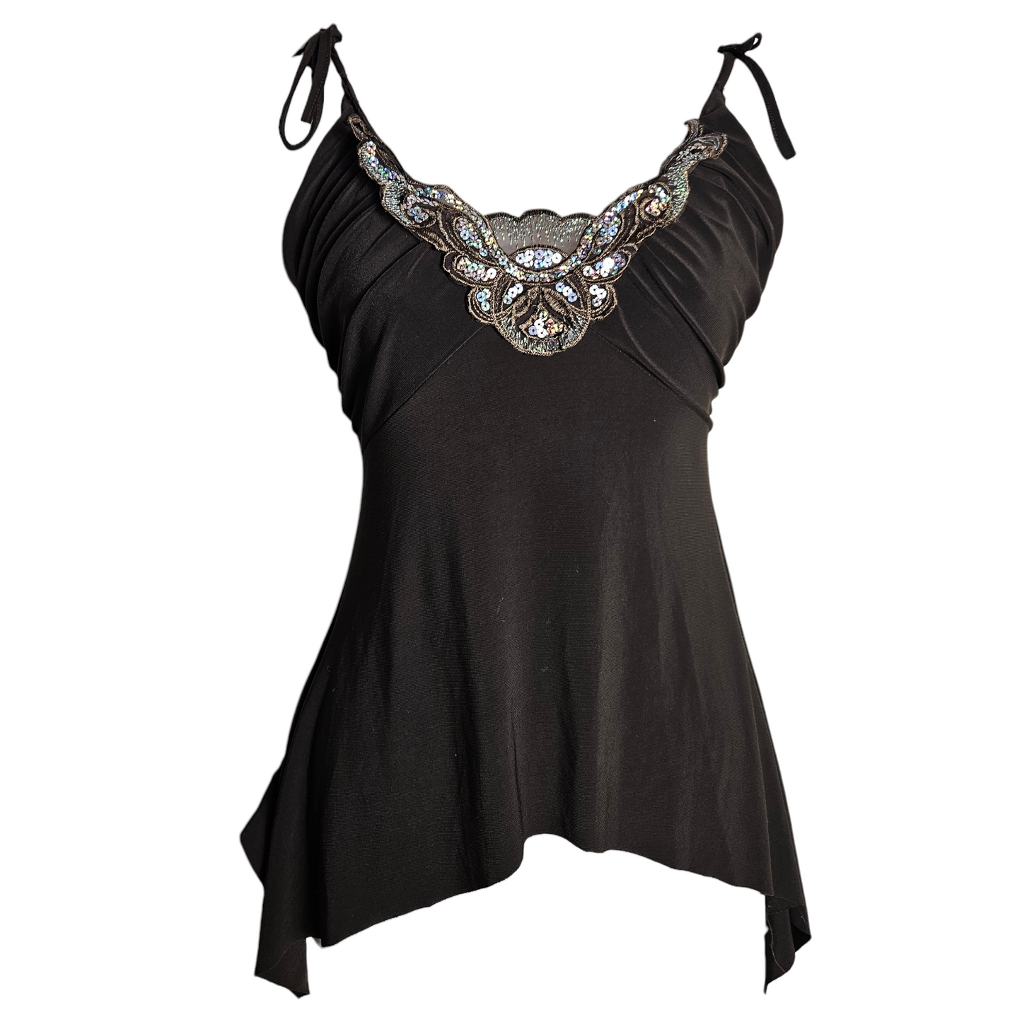 Vintage black embellished camisole with sequin embroidery neckline, elegant Y2K fairycore evening top with romantic whimsigoth vibe