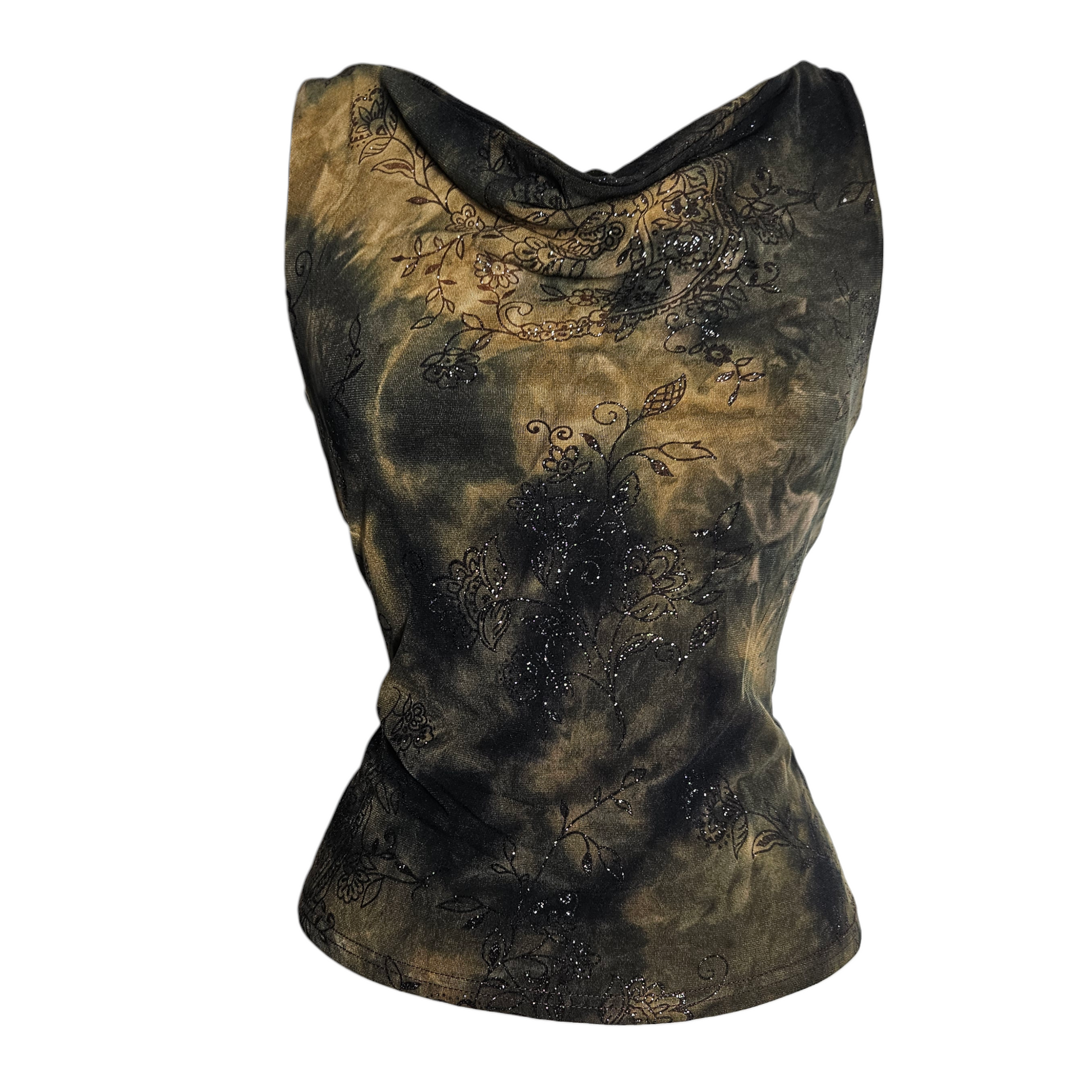 Vintage brown and khaki marbled sleeveless top with draped neckline and subtle floral shimmer, earthy fairycore y2k aesthetic piece by Lucid Dream 2007