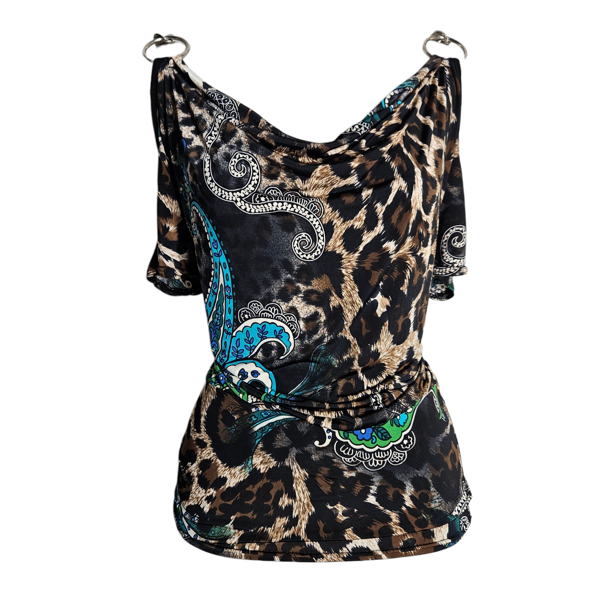 Vintage Y2K leopard and paisley draped top with turquoise accents and metal ring shoulders, bold whimsigoth statement piece by Lucid Dream 2007.