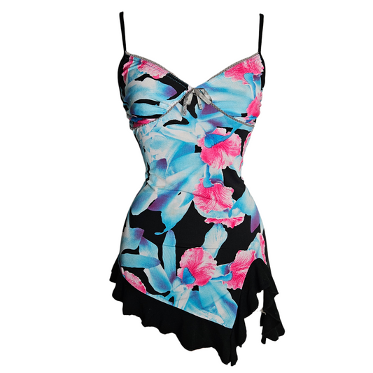 Vintage Y2K floral mini dress with blue and pink flowers and asymmetrical hem, dreamy fairycore summer piece by Lucid Dream 2007.
