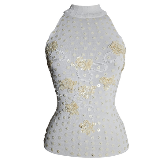 Vintage white sequin floral knit halter top with delicate flower embellishments, dreamy fairycore Y2K piece by Lucid Dream 2007.